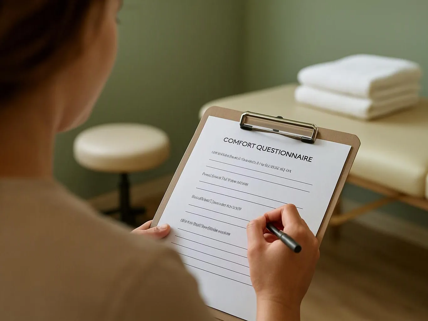 A person fills out a clipboard form titled “COMFORT QUESTIONNAIRE” in a calm room