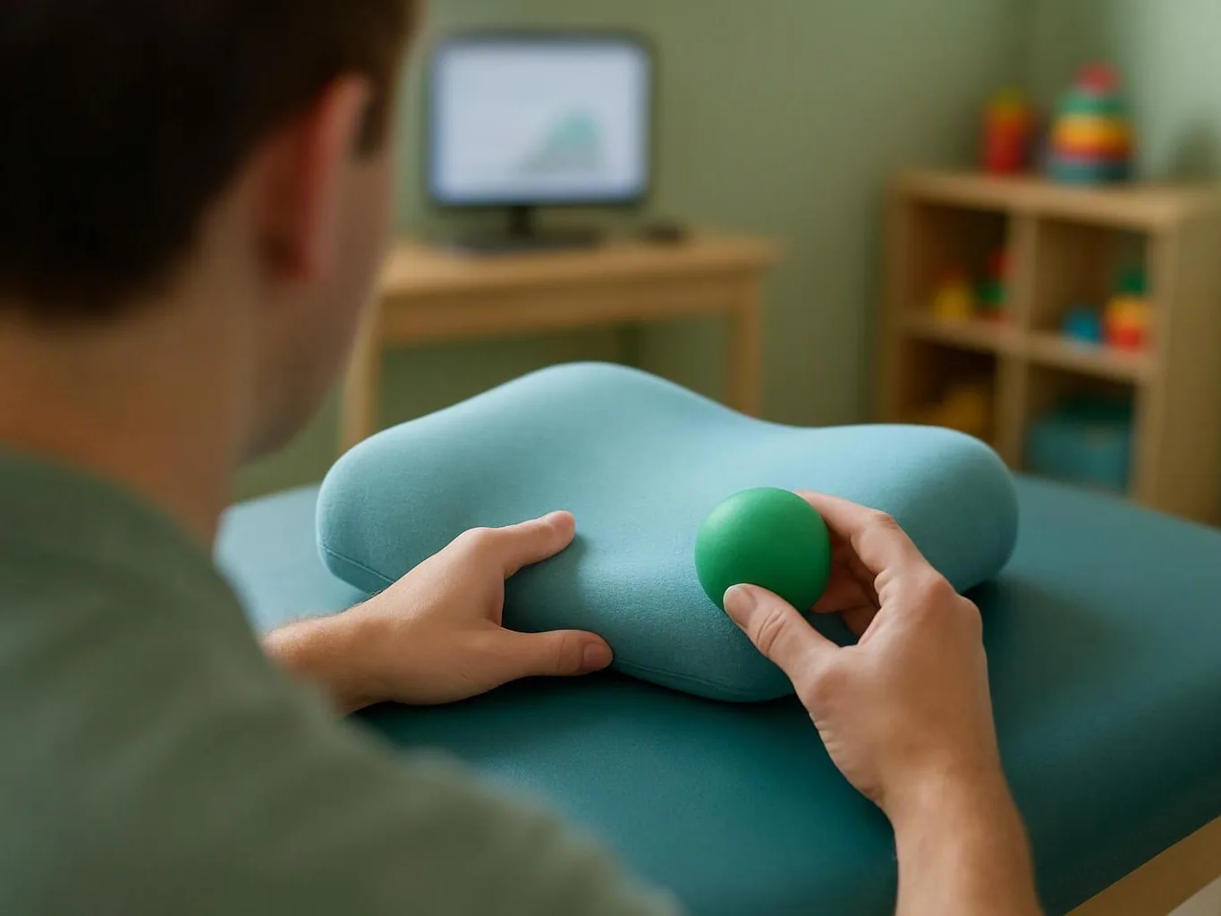 A person holds a blue cushion and a green ball in a small playroom