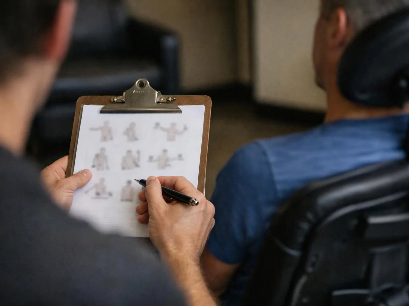 A person holds a clipboard with a blurred figure sheet while another sits facing away in a chair