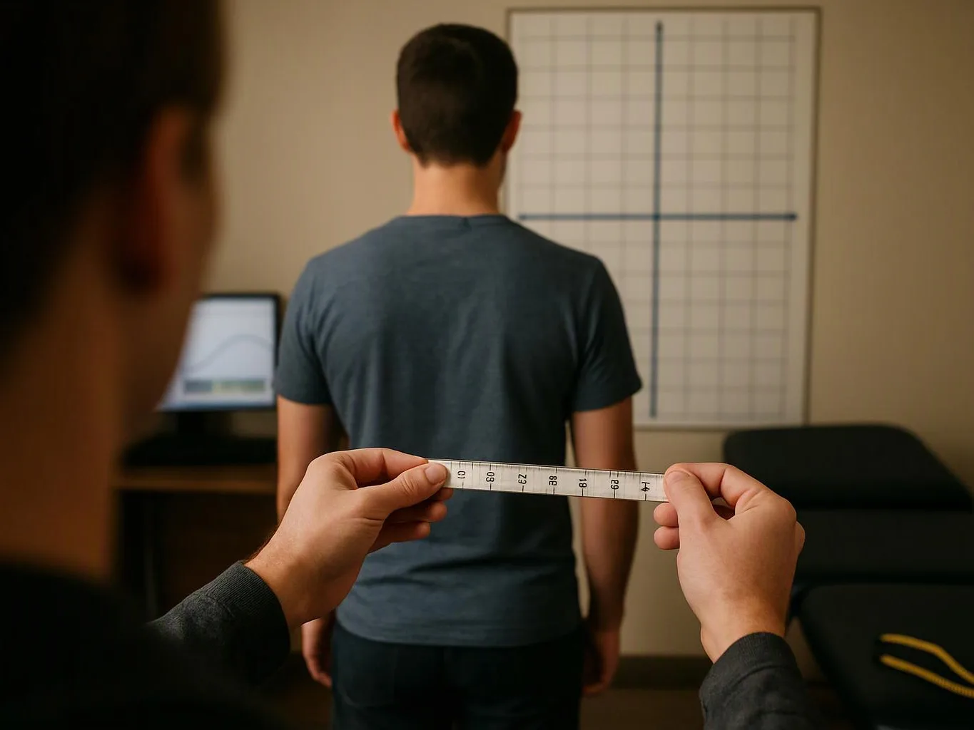A person holds a measuring tape behind another standing person in a room with a chart on the wall