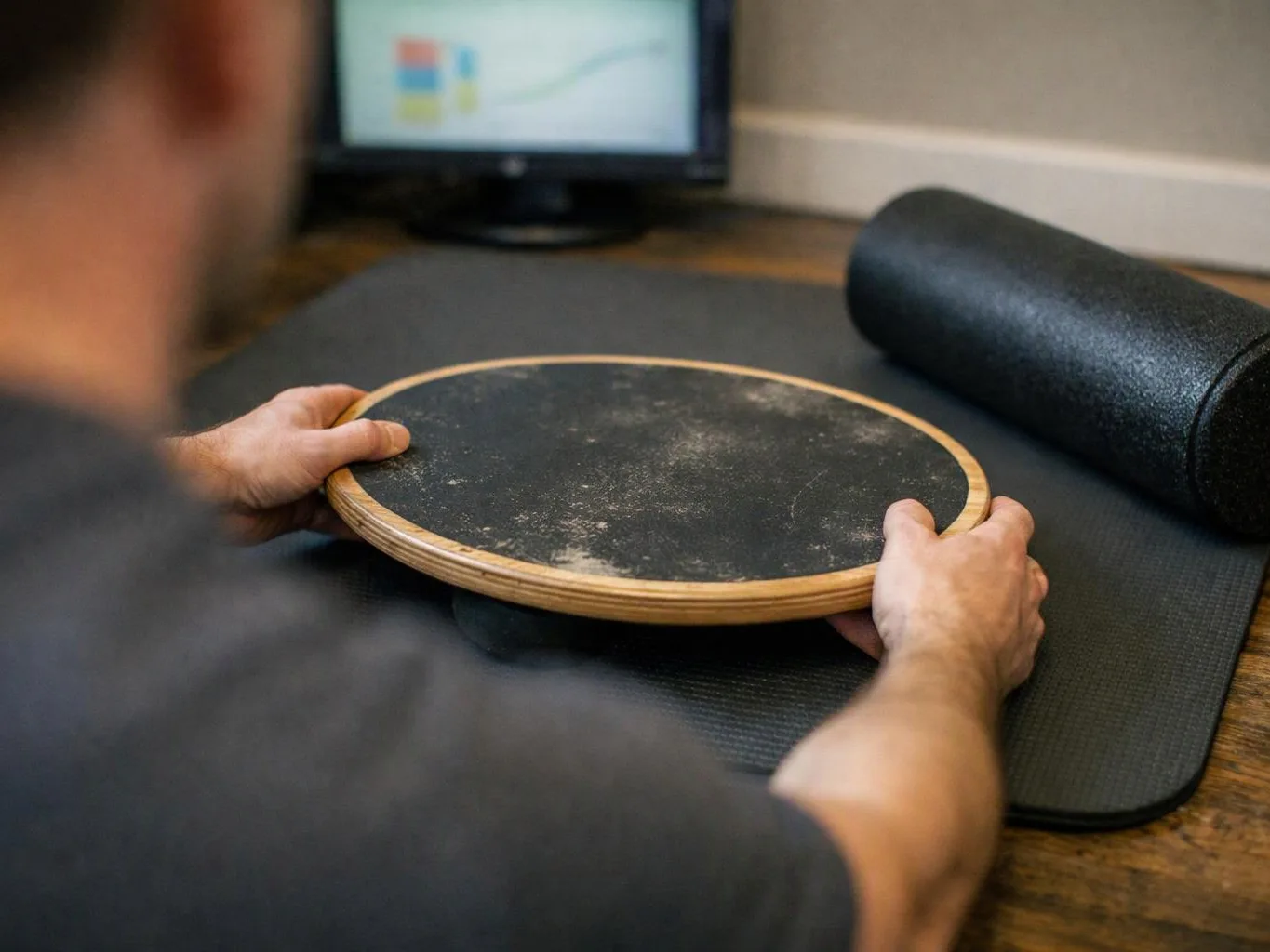 A person holds a round balance board over a black exercise mat beside a foam roller