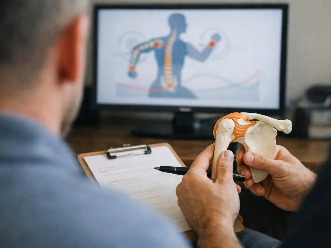 A person holds a shoulder joint model while watching a body diagram on a computer screen