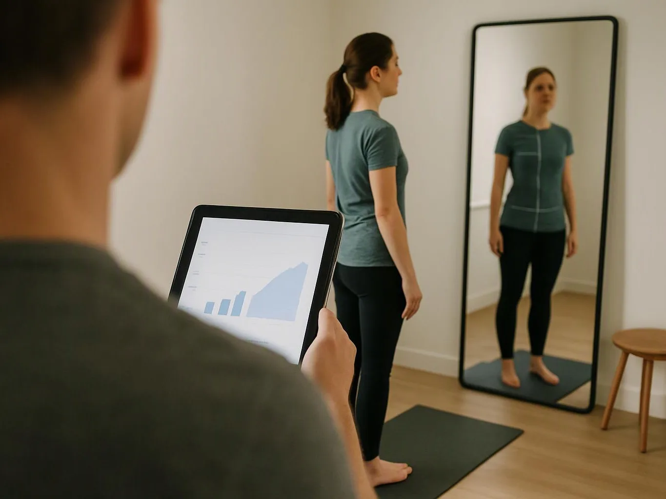 A person holds a tablet with a chart while a woman stands on a mat facing a tall mirror in a room