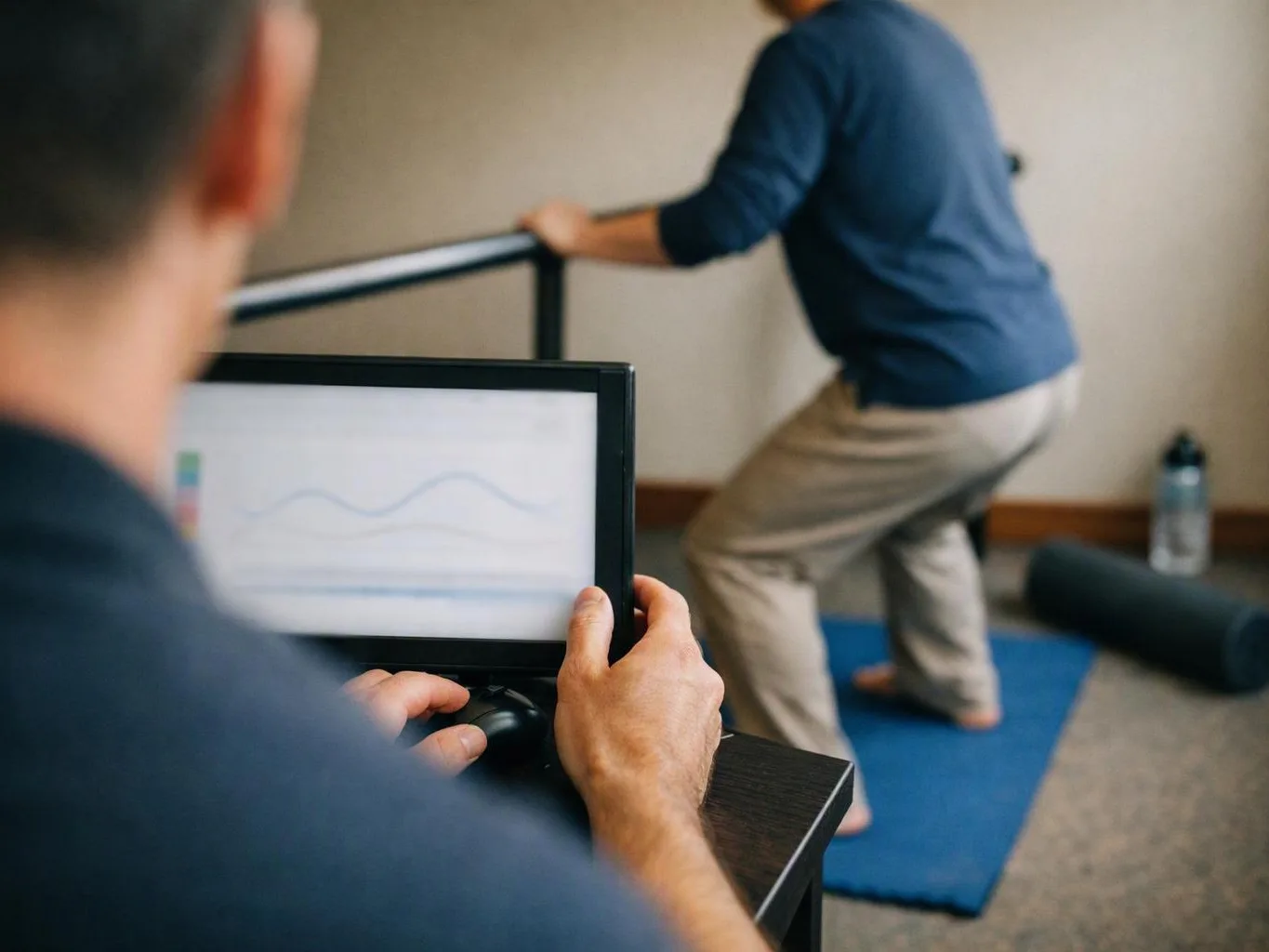 A person holds a tablet while another climbs stairs on a blue mat in a plain room