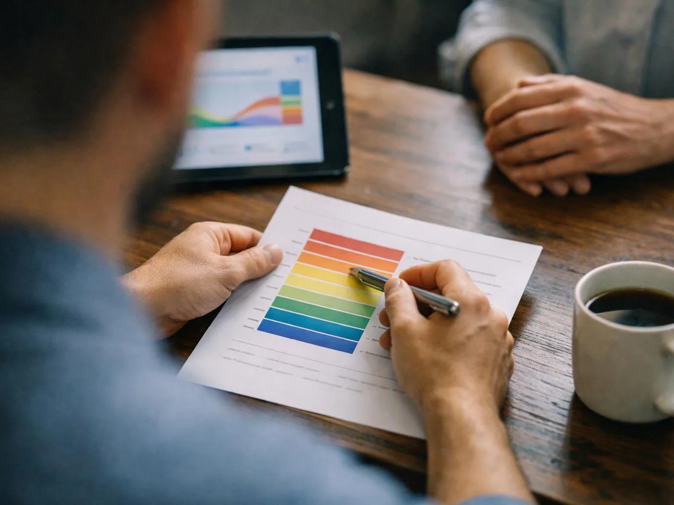A person marks a color bar chart on paper during a meeting at a wooden table, with a tablet and coffee cup nearby