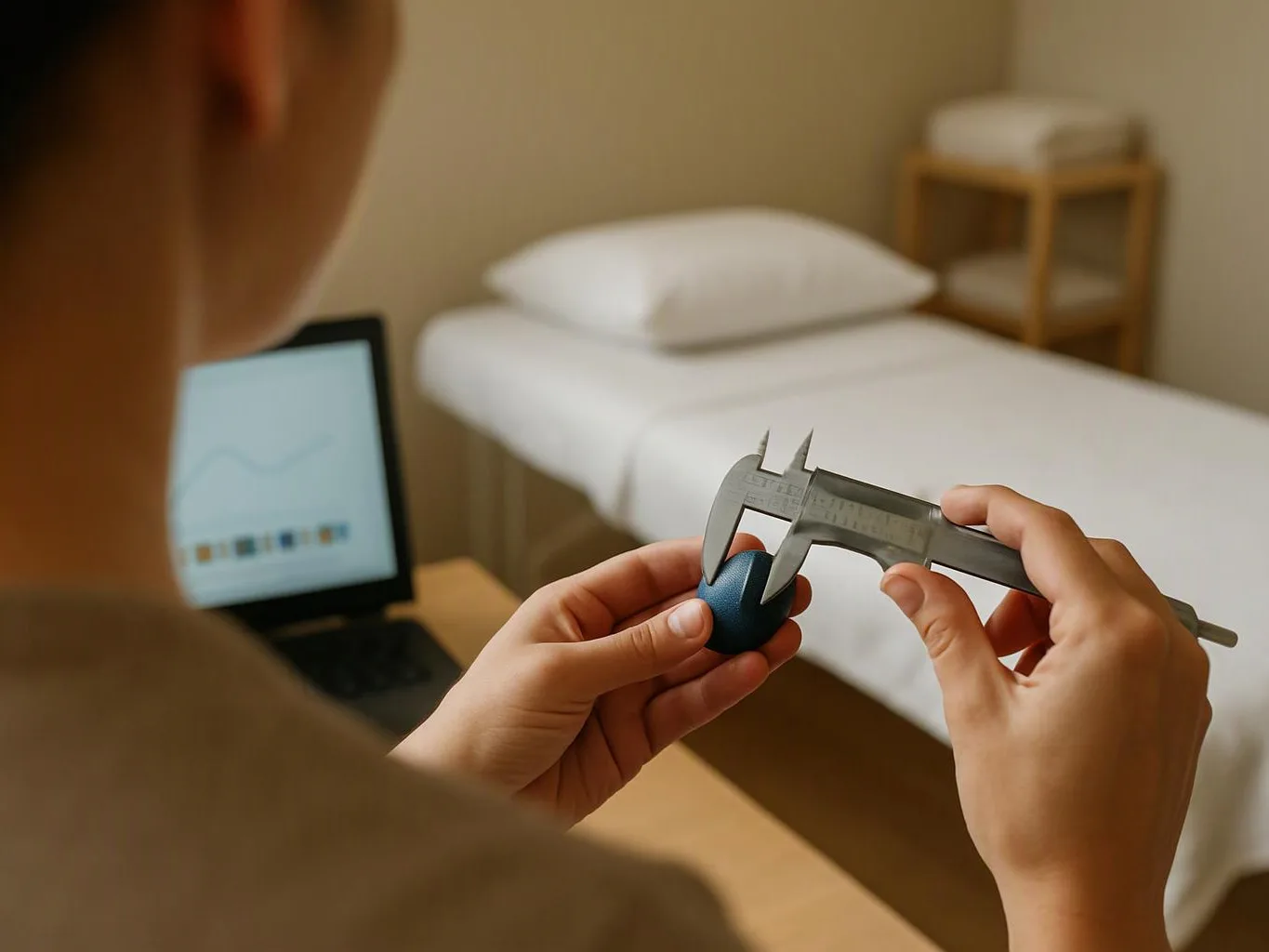A person measures a small dark object with calipers beside a bed and laptop in a quiet room