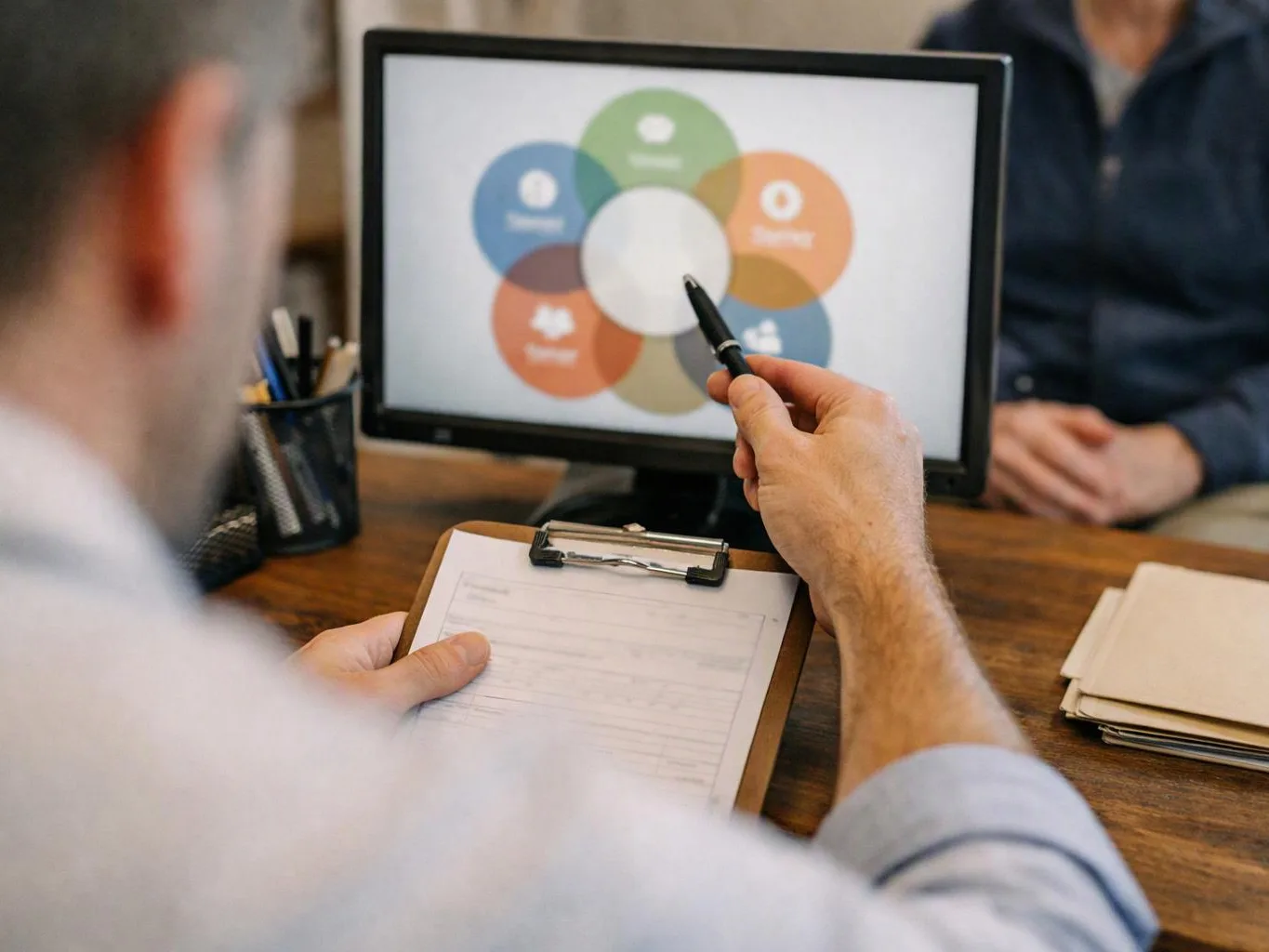 A person points at a circular chart on a monitor while holding a clipboard at a desk