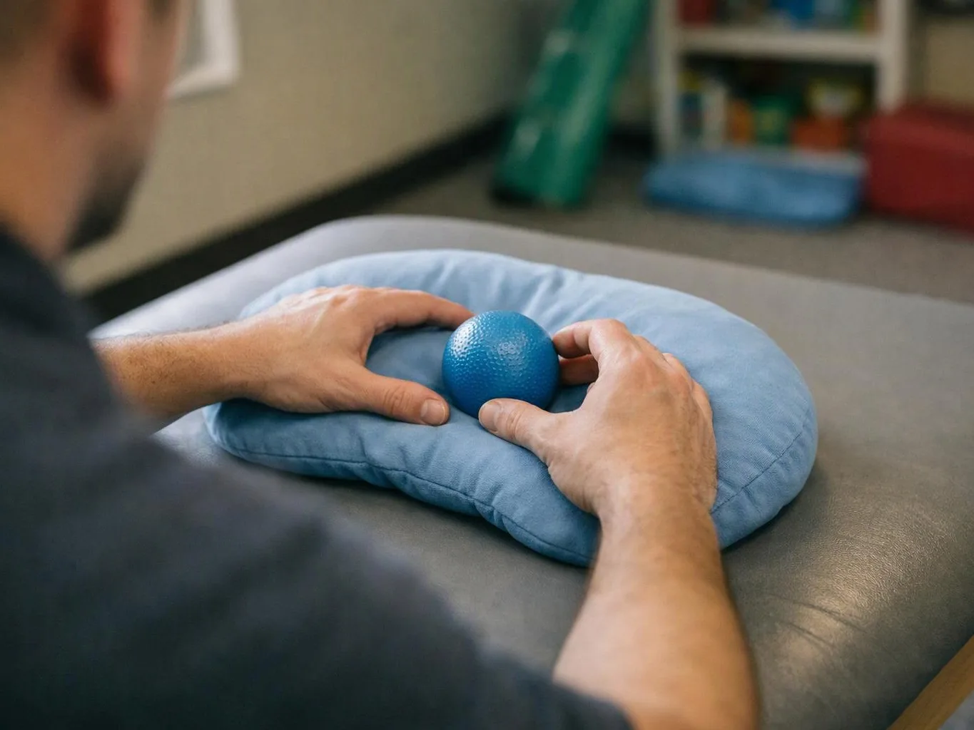 A person presses a blue stress ball into a blue cushion on a treatment table
