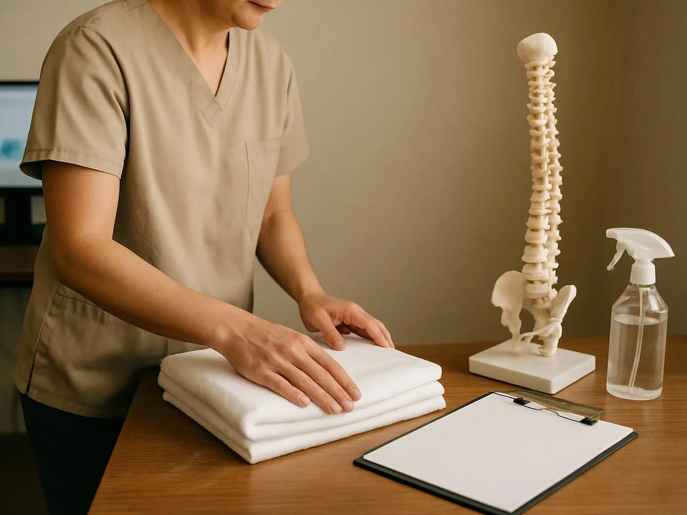 A person in scrubs folds white towels beside a spine model, spray bottle, and clipboard on a wooden table
