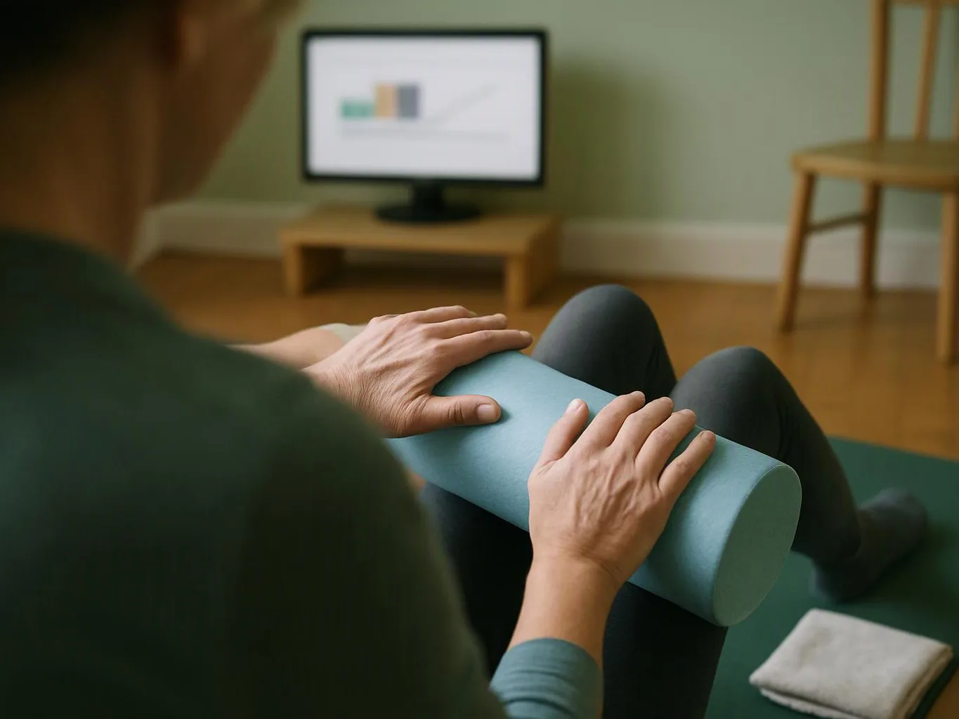 A person sits on a mat holding a blue foam roller, with a TV and chair in the room