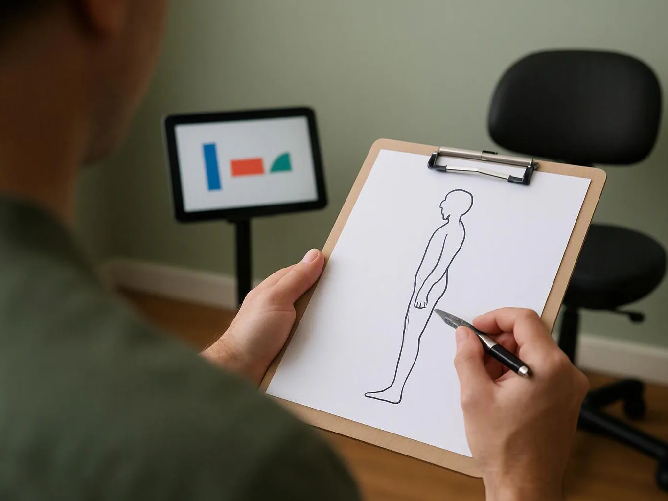 A person sketches a side view of a human figure on a clipboard in a quiet room