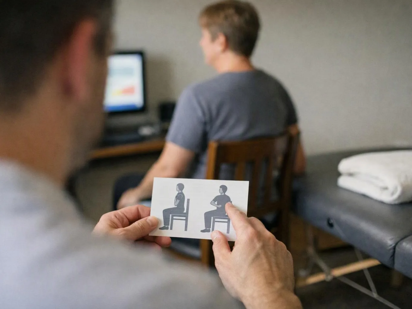 A person studies a posture card while another sits at a computer in a treatment room