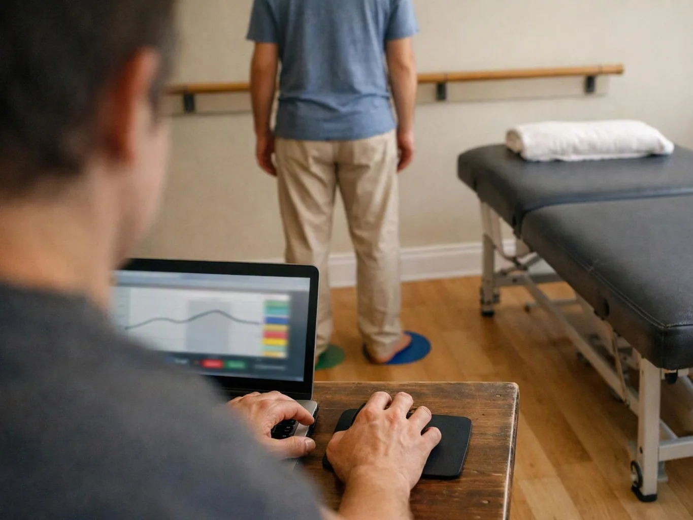 A person uses a laptop in a therapy room while another stands near a treatment table