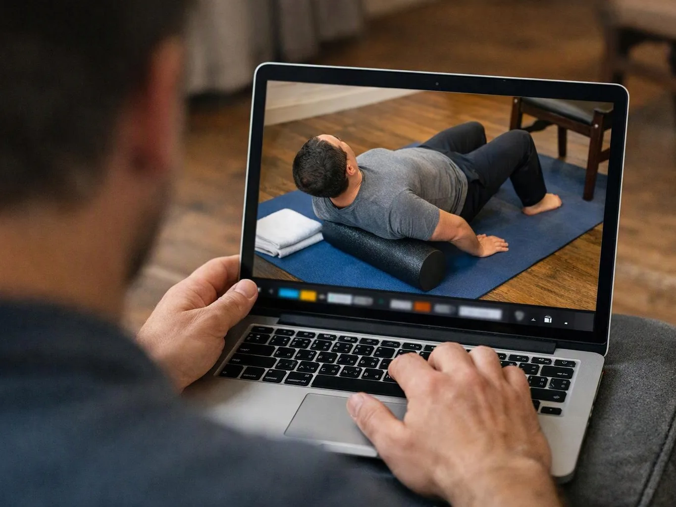 A person watches a laptop video of a man doing floor exercises on a blue mat indoors
