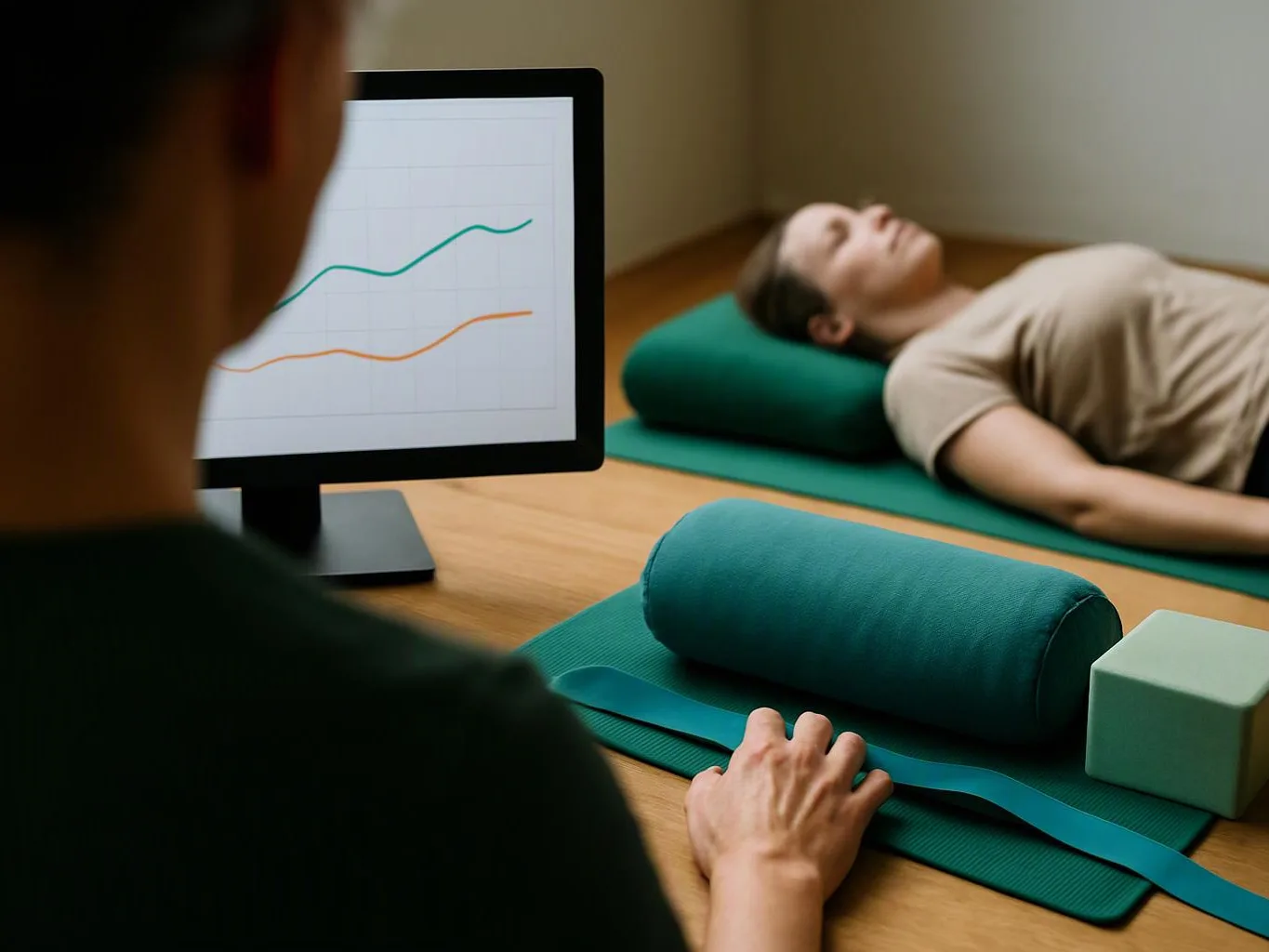 A person watches a monitor with rising line graphs while another lies on a yoga mat in a quiet room