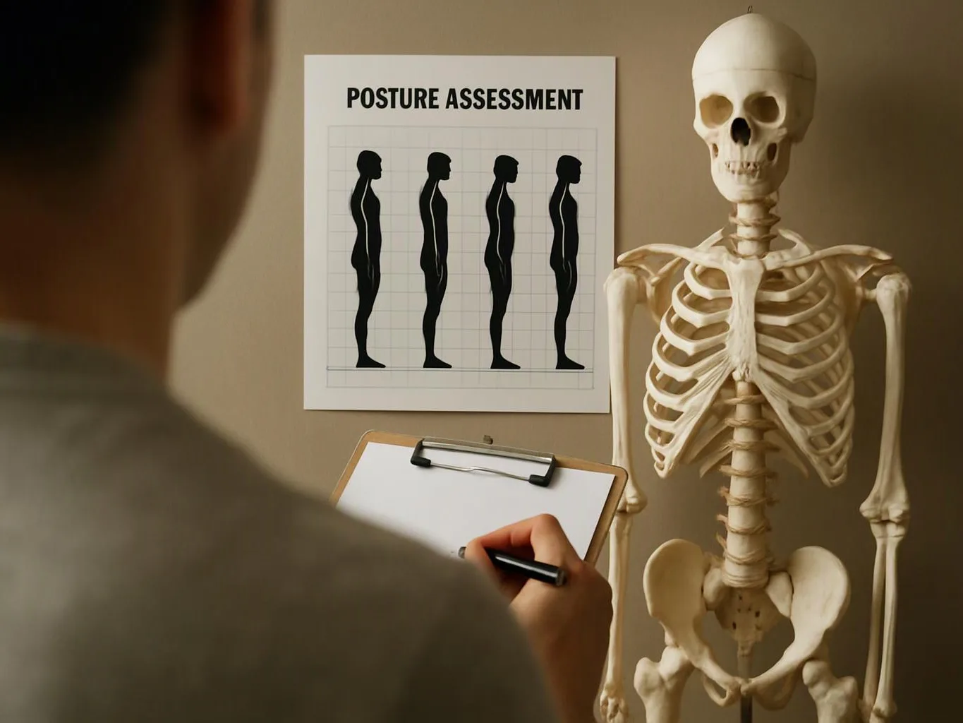 A person writes on a clipboard beside a skeleton model and a posture assessment poster in a clinic room