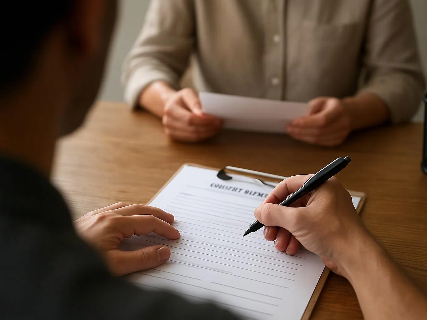 A person writes on a lined form at a wooden table while another holds a paper across from them