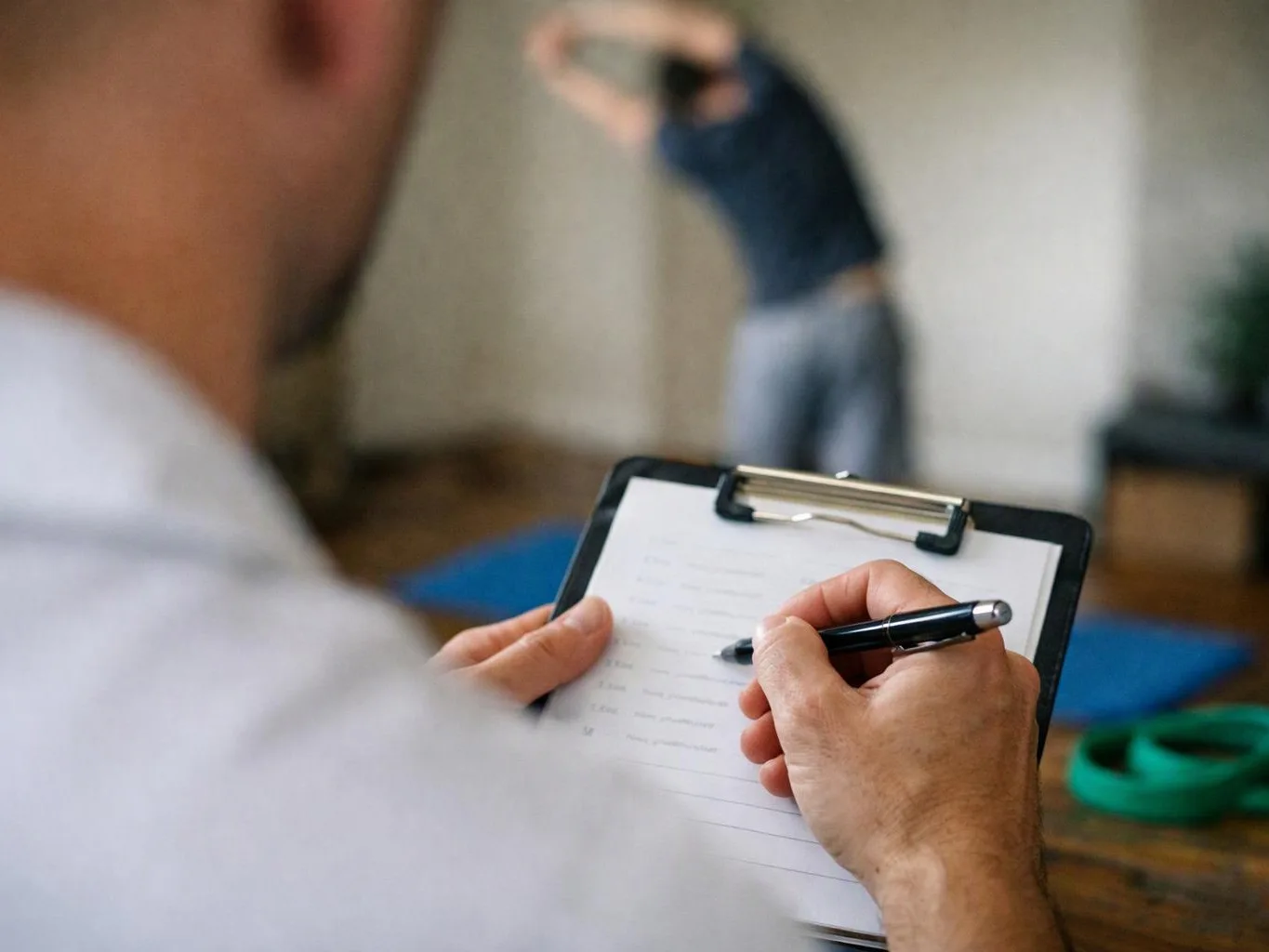 A person writes notes on a clipboard while another person stretches on a blue mat in a room
