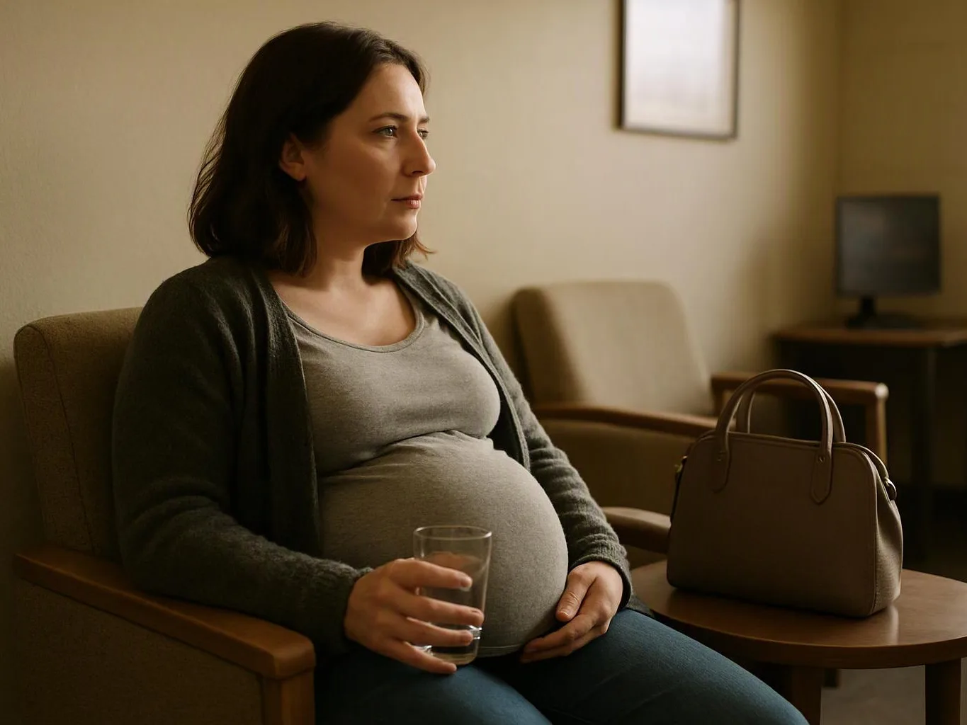 A pregnant woman sits in a waiting room chair holding a glass of water beside a handbag