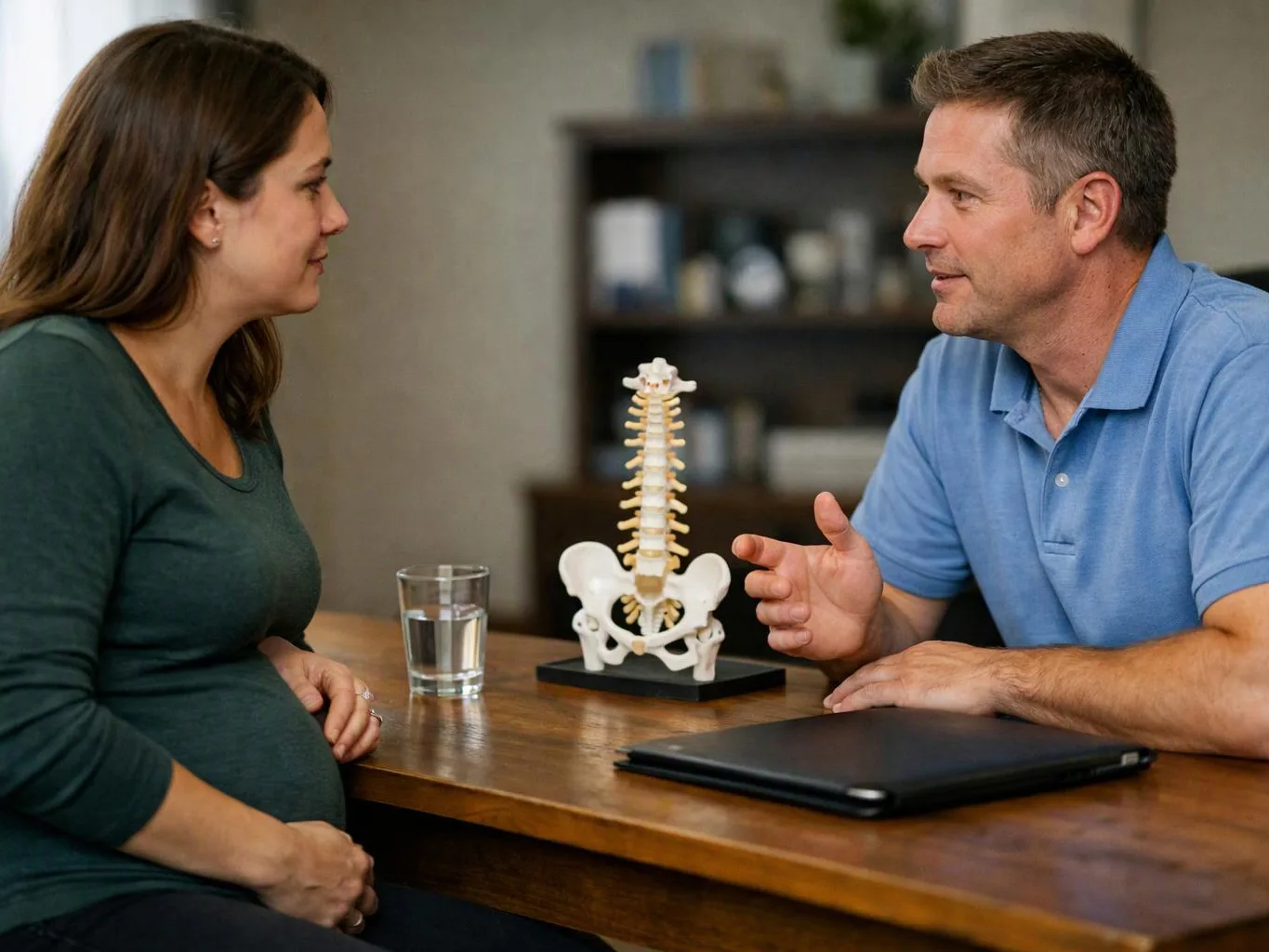 A pregnant woman talks with a man across a desk beside a spine model and a glass of water