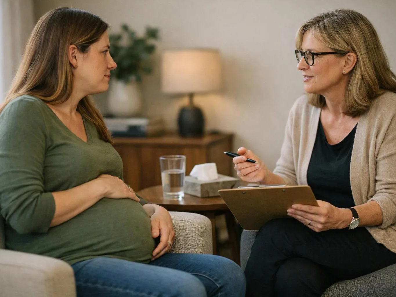 A pregnant woman talks with a therapist holding a clipboard in a cozy room