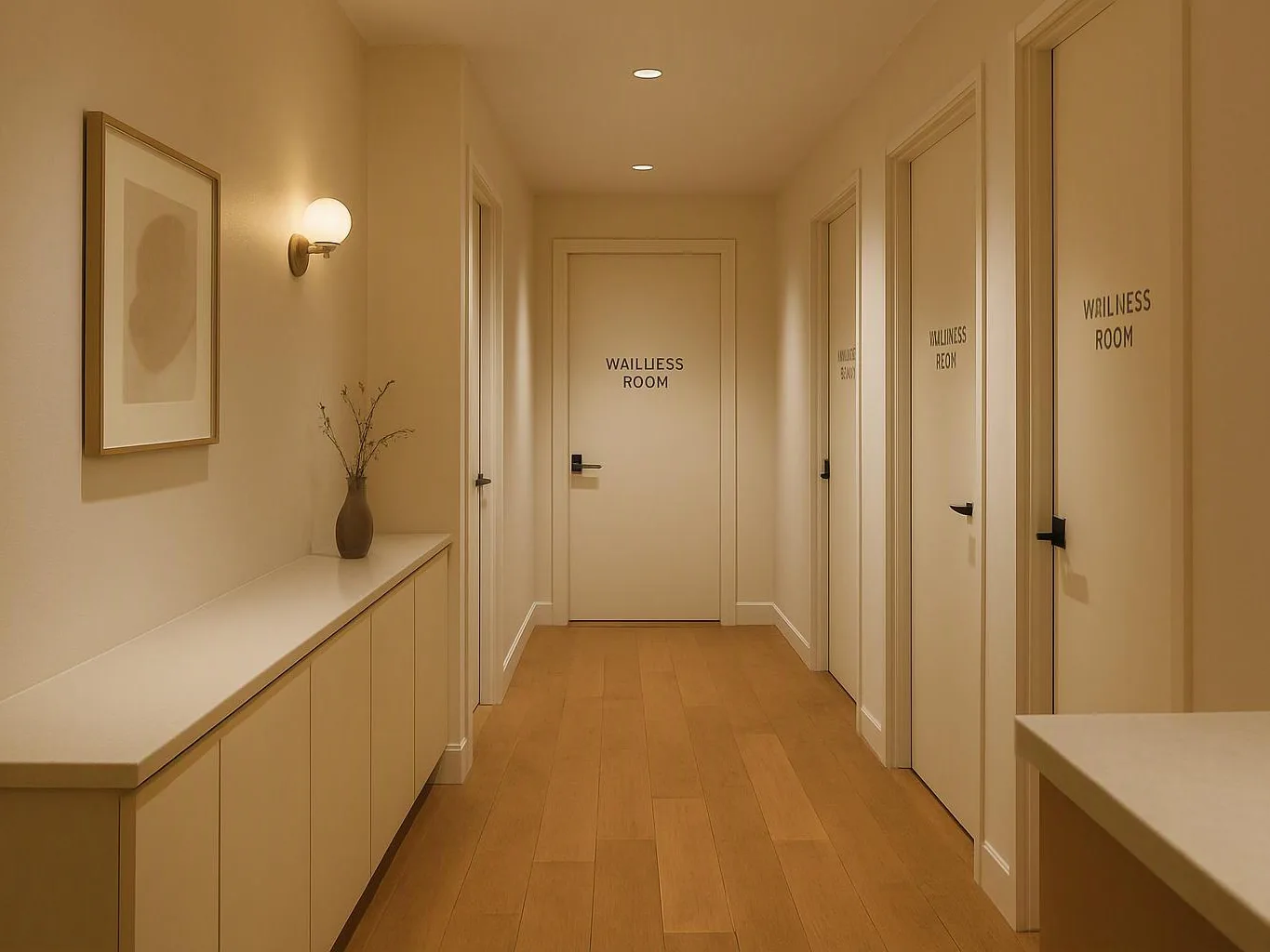 A quiet beige hallway shows several closed doors labeled “WAILNESS ROOM” and a vase on a side cabinet
