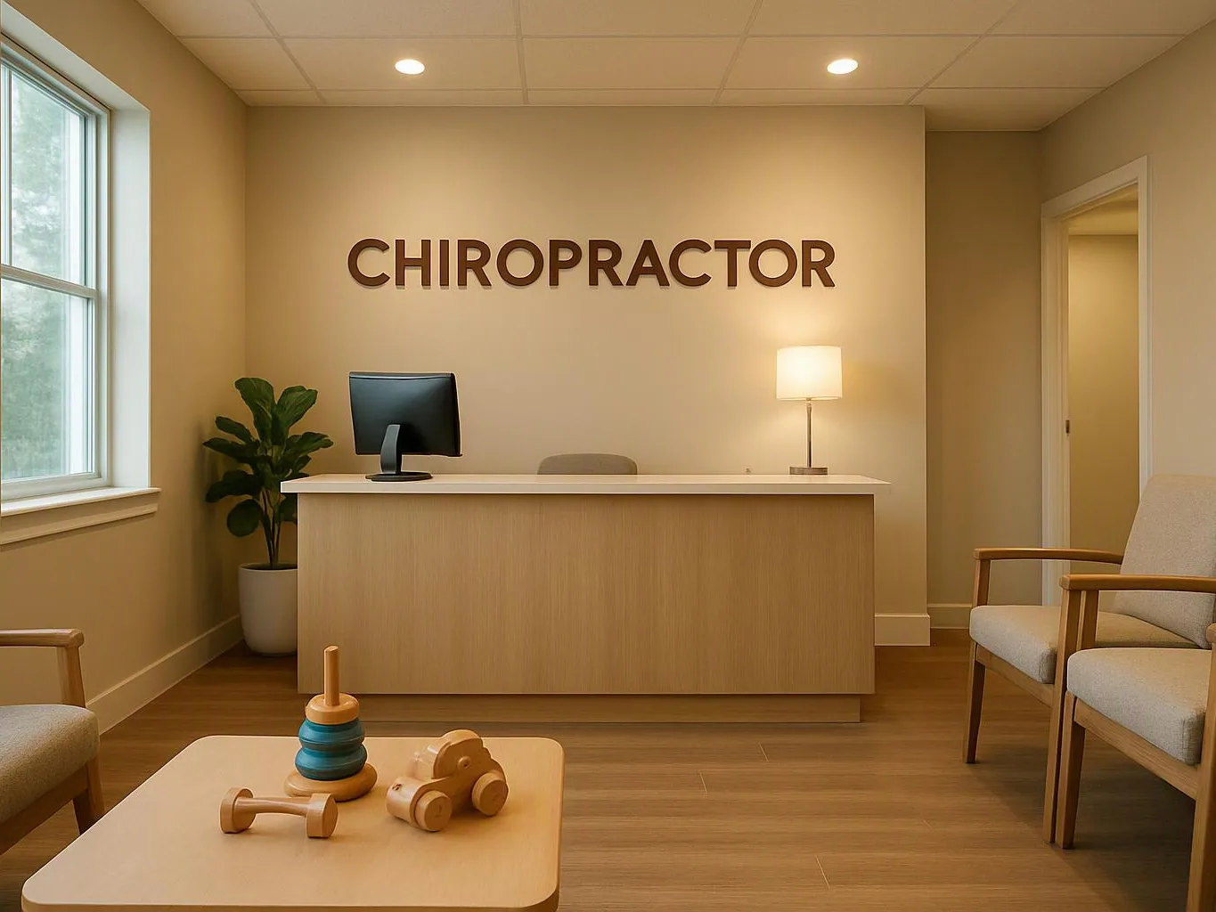 A quiet chiropractic waiting room has a front desk, chairs, a lamp, and a toy table