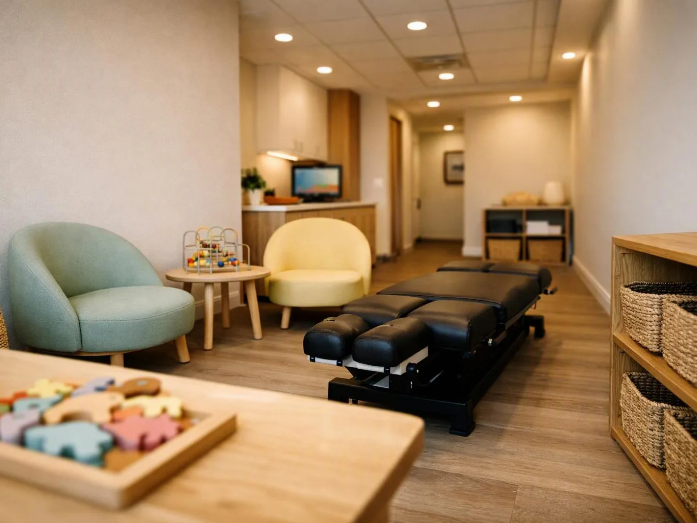 A quiet clinic room shows a black treatment table, small chairs, toy tables, and woven storage baskets