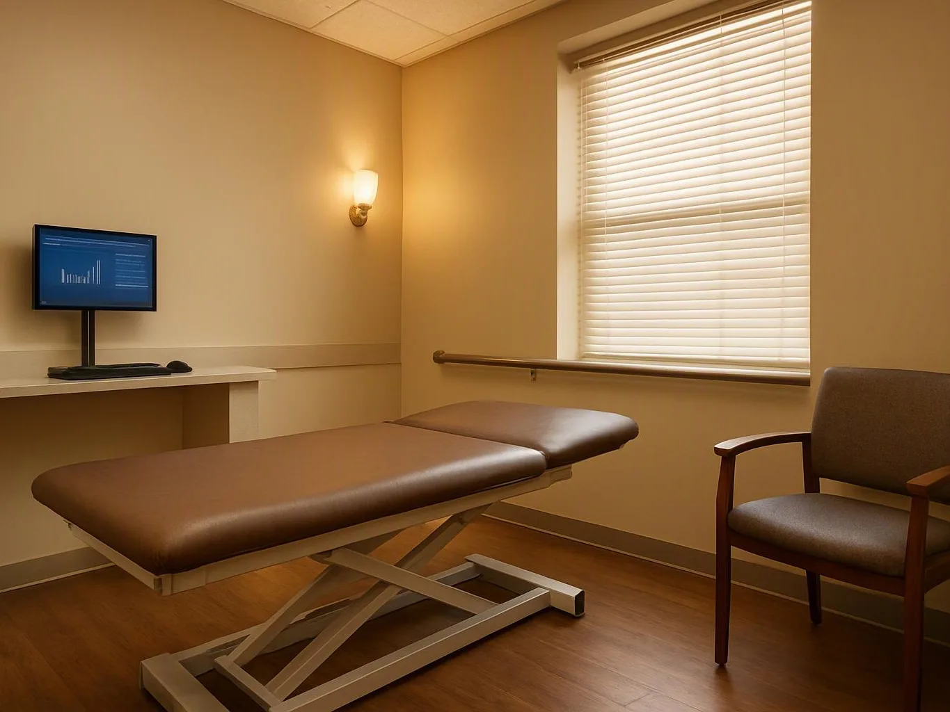 A quiet exam room has a padded treatment table, a chair, a wall monitor, and a window with blinds