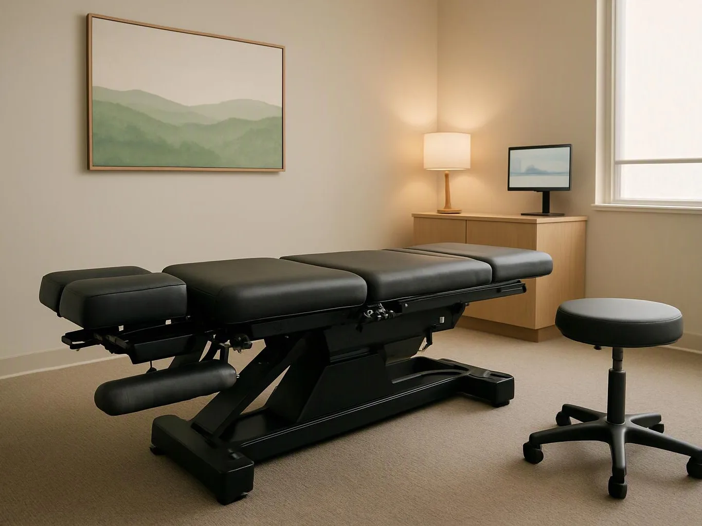 A quiet exam room holds a padded treatment table, lamp, stool, cabinet, and framed landscape art