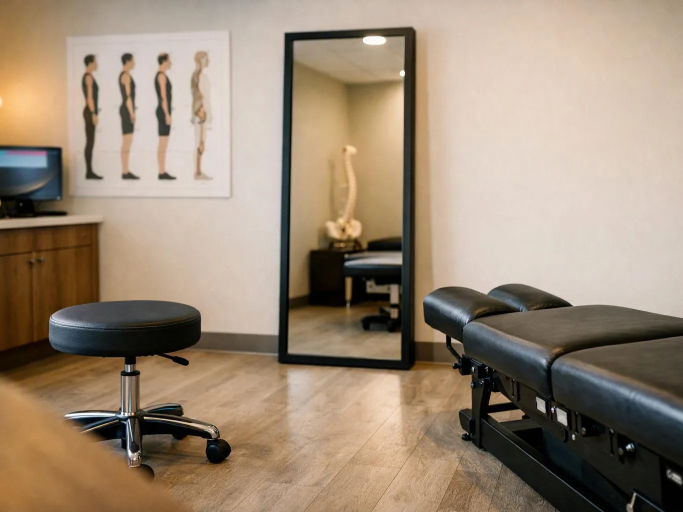 A quiet exam room shows a treatment table, stool, mirror, and spine poster on beige walls