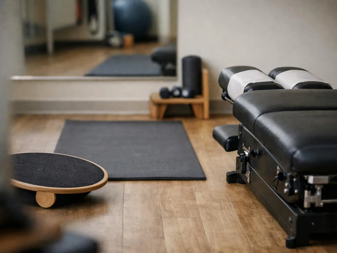 A quiet exercise room shows a massage table, yoga mat, balance board, and mirror on wood flooring