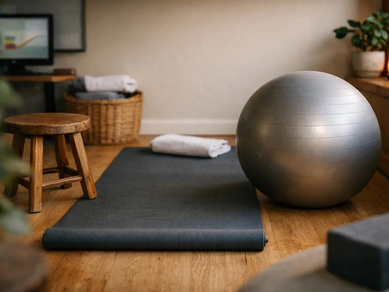 A quiet exercise room shows a yoga mat, stability ball, stool, towels, and a basket on wooden floors