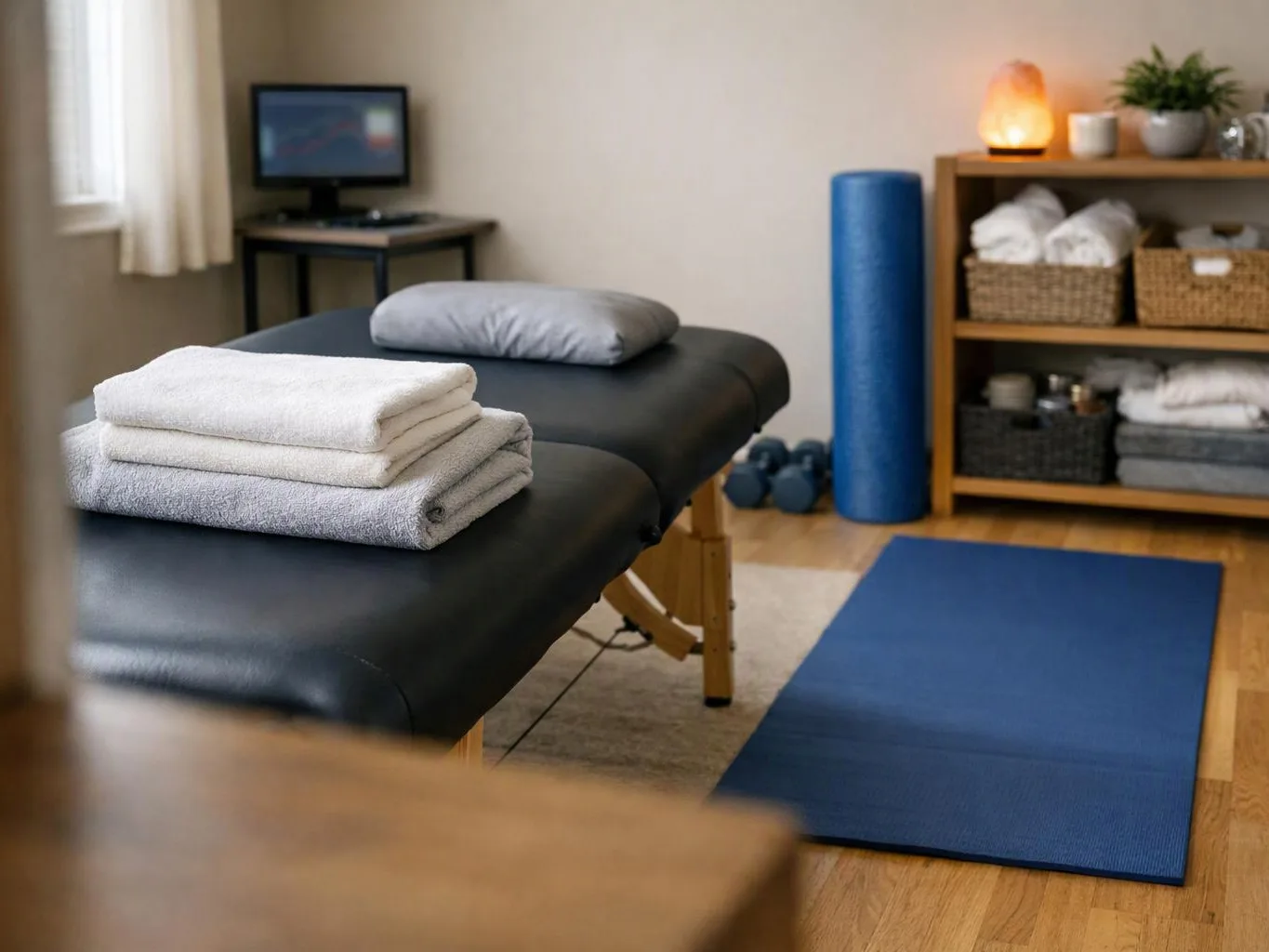 A quiet massage room shows a treatment table, folded towels, a blue mat, and shelves with baskets and supplies