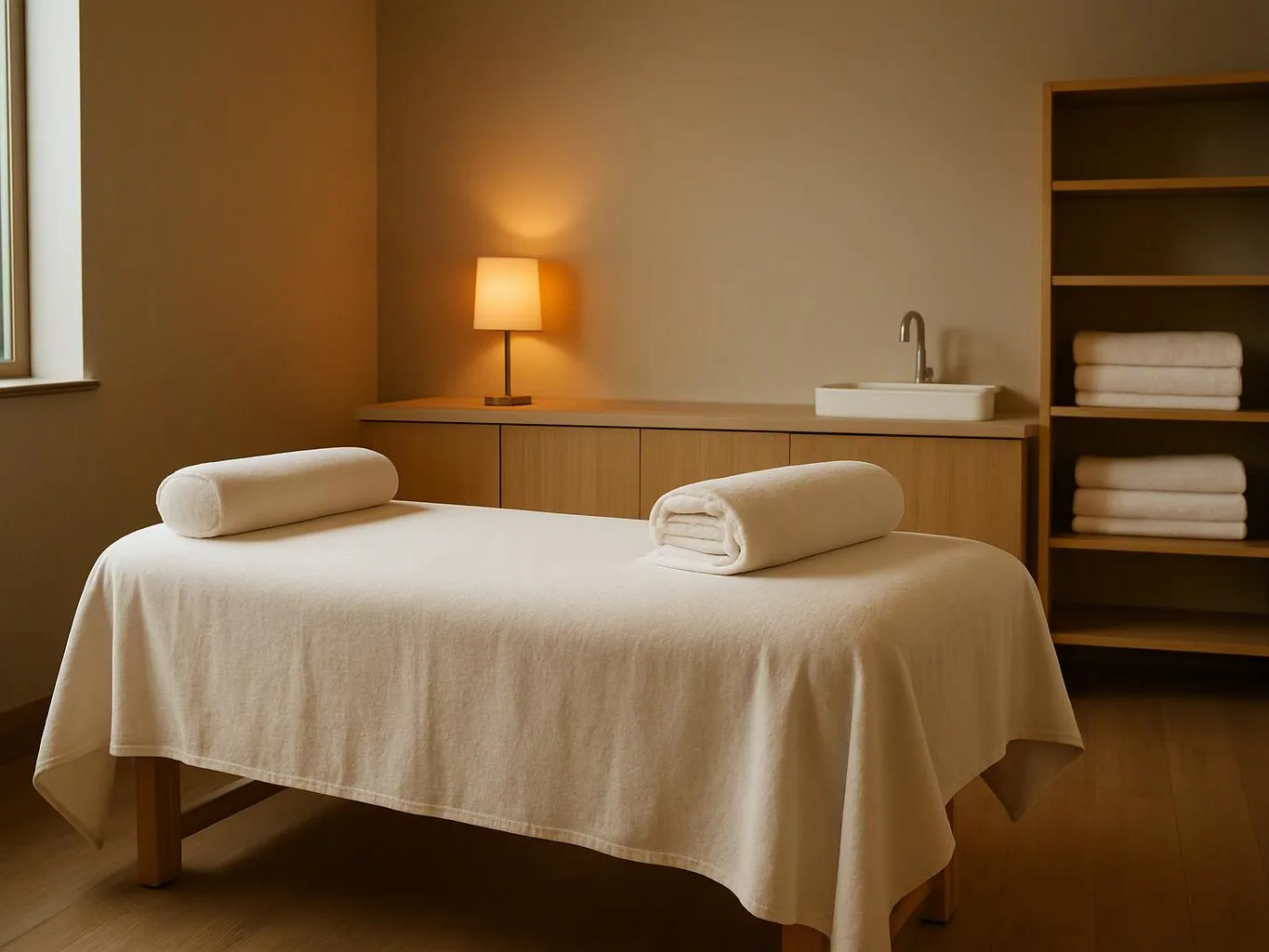 A quiet massage room shows a treatment table, rolled towels, a lamp, a sink, and shelves with folded linens
