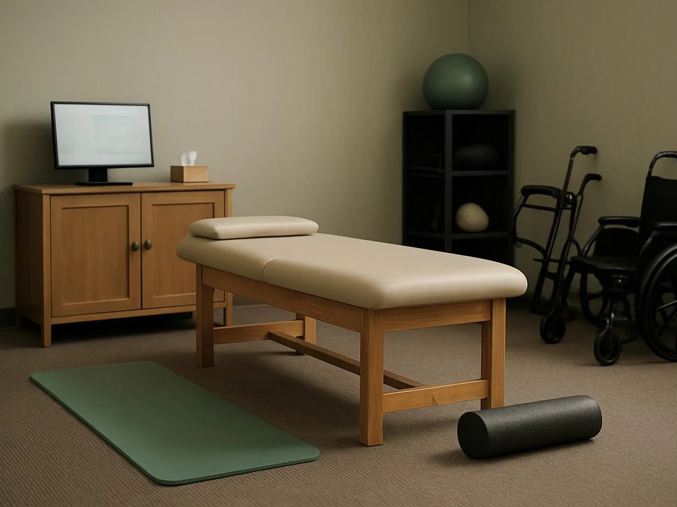 A quiet therapy room shows a padded exam table, exercise mats, a cabinet with a monitor, and a wheelchair