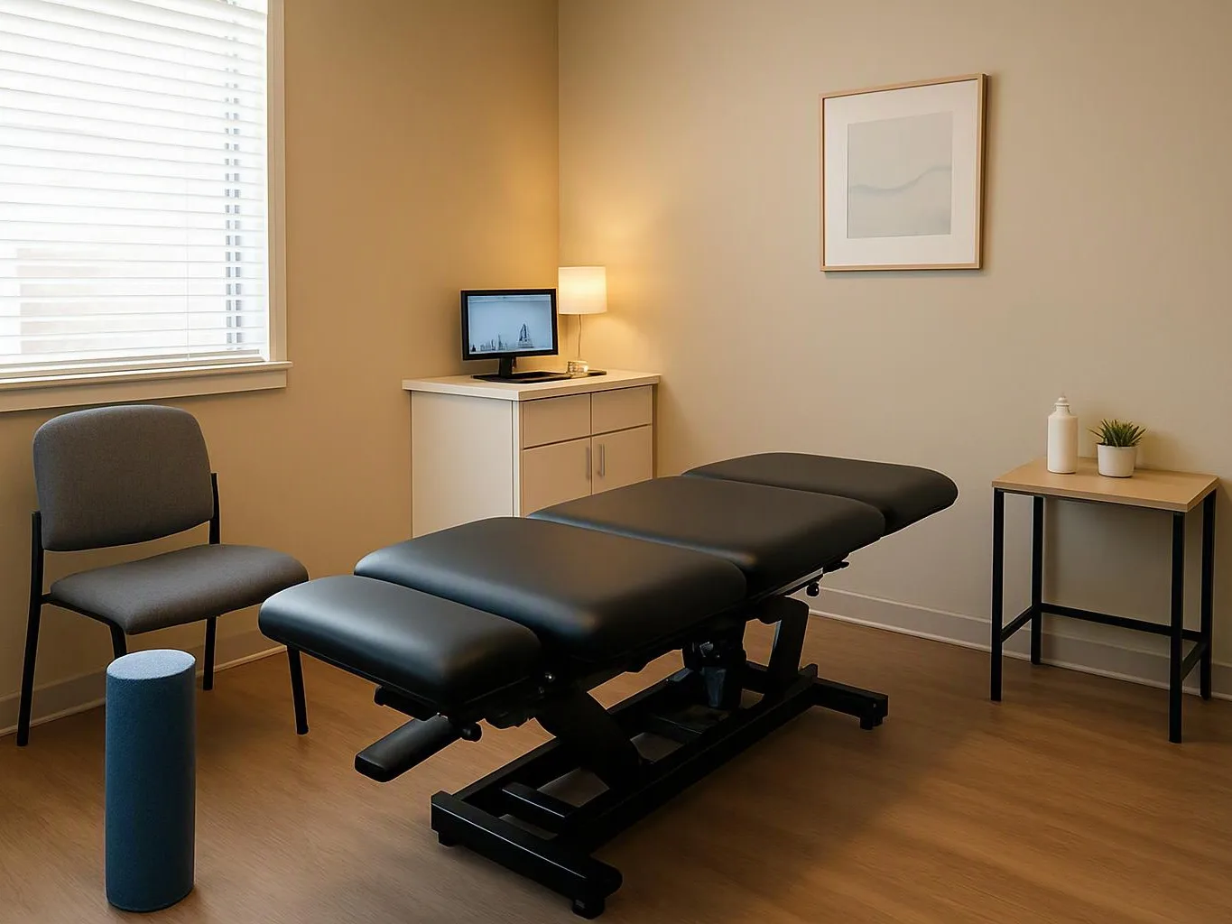 A quiet treatment room holds a black padded exam table, a chair, cabinets, and a small lamp by the wall