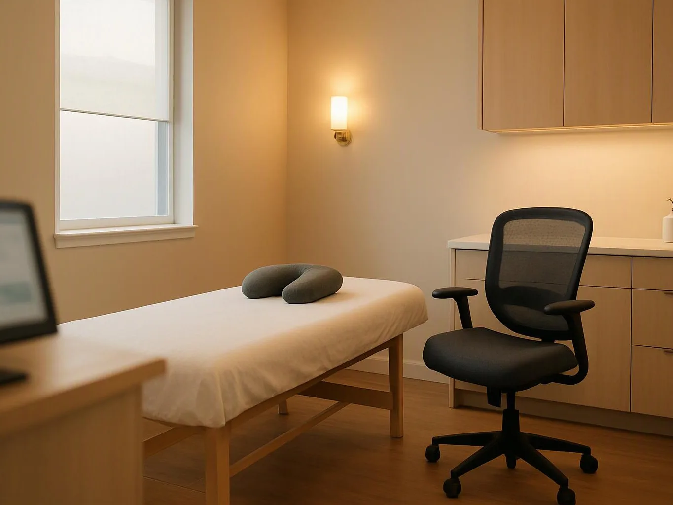 A quiet treatment room with a massage table, office chair, cabinet, and window under warm wall light