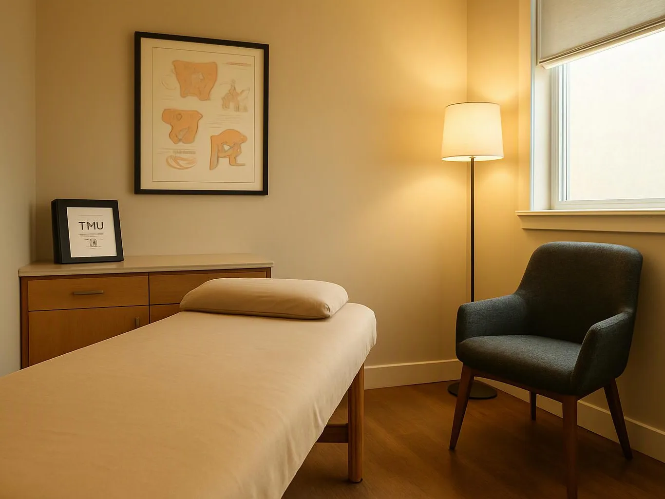 A quiet treatment room shows a massage table, armchair, floor lamp, cabinet, and framed wall art
