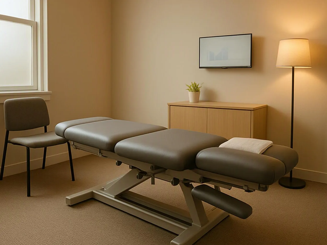 A quiet treatment room shows a padded exam table, chair, cabinet, lamp, and wall-mounted screen