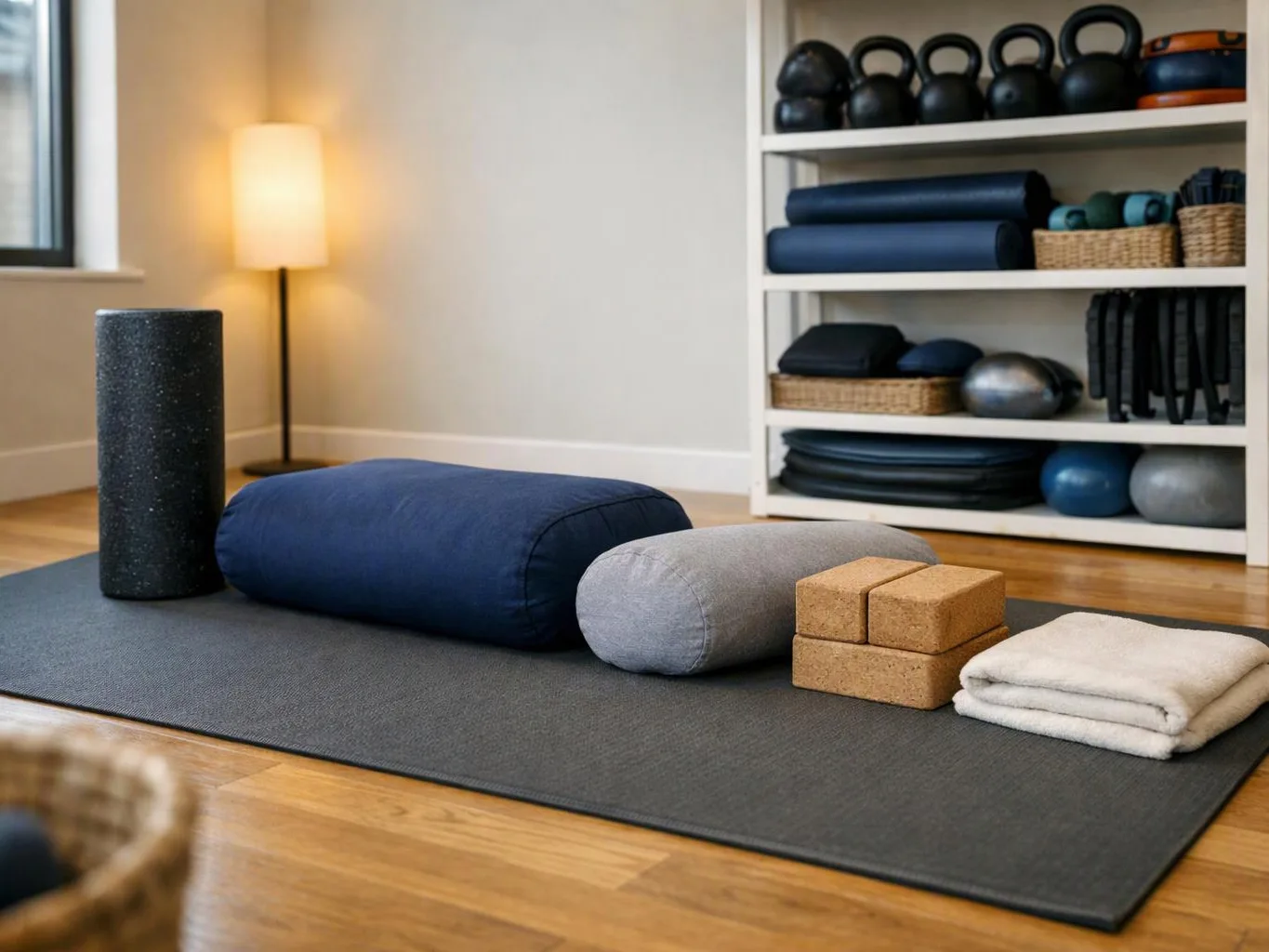 A quiet yoga studio shows mats, bolsters, blocks, and rolled towels beside a lit floor lamp