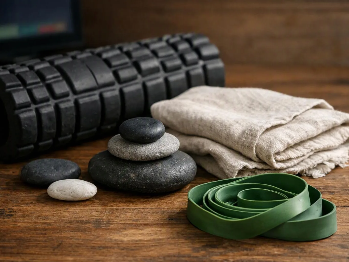 Rolled yoga mat, stacked stones, folded cloth, and a green resistance band rest on a wooden surface