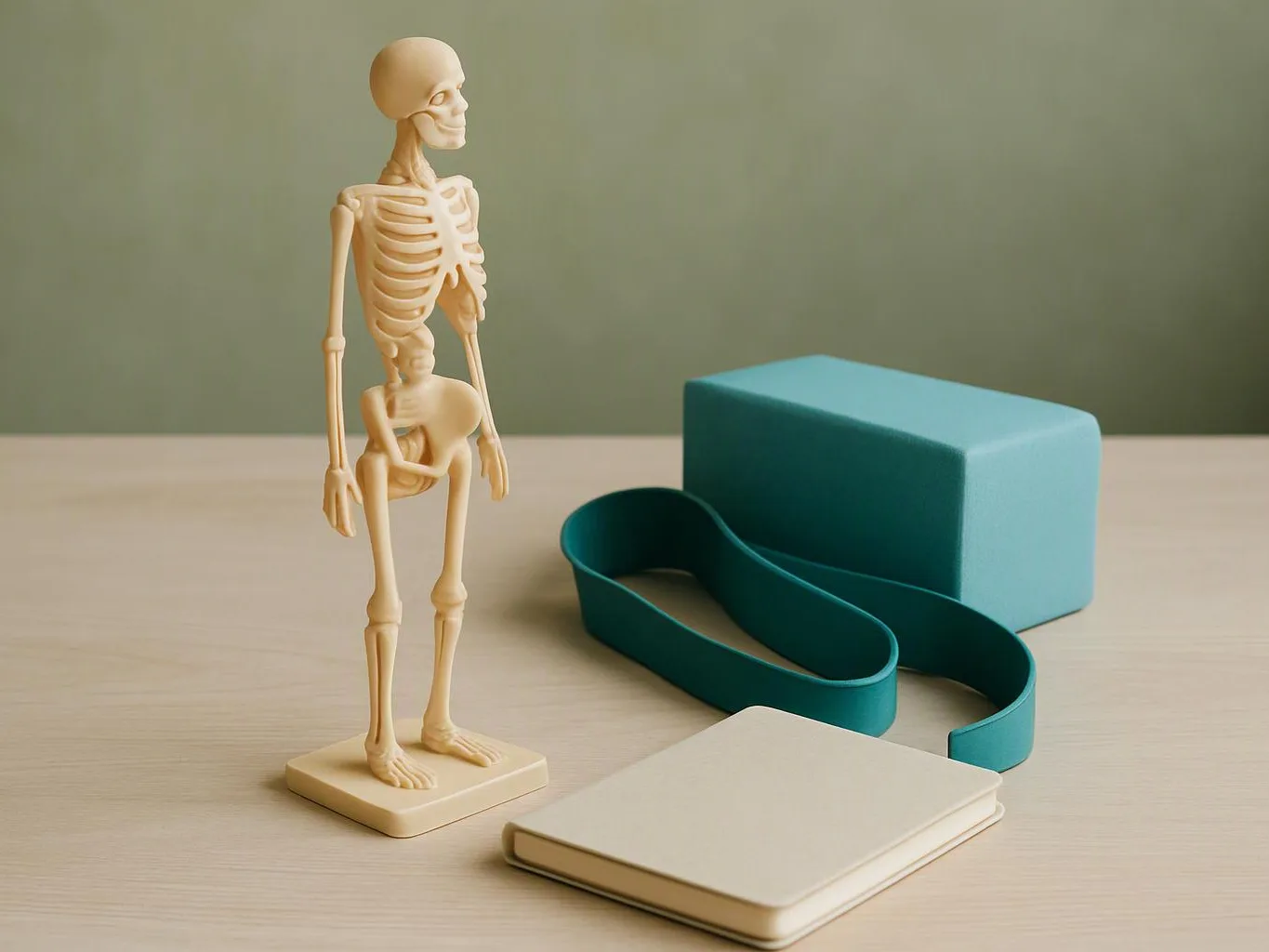 A small skeleton model stands beside a teal block, looped strap, and closed cream book on a tabletop