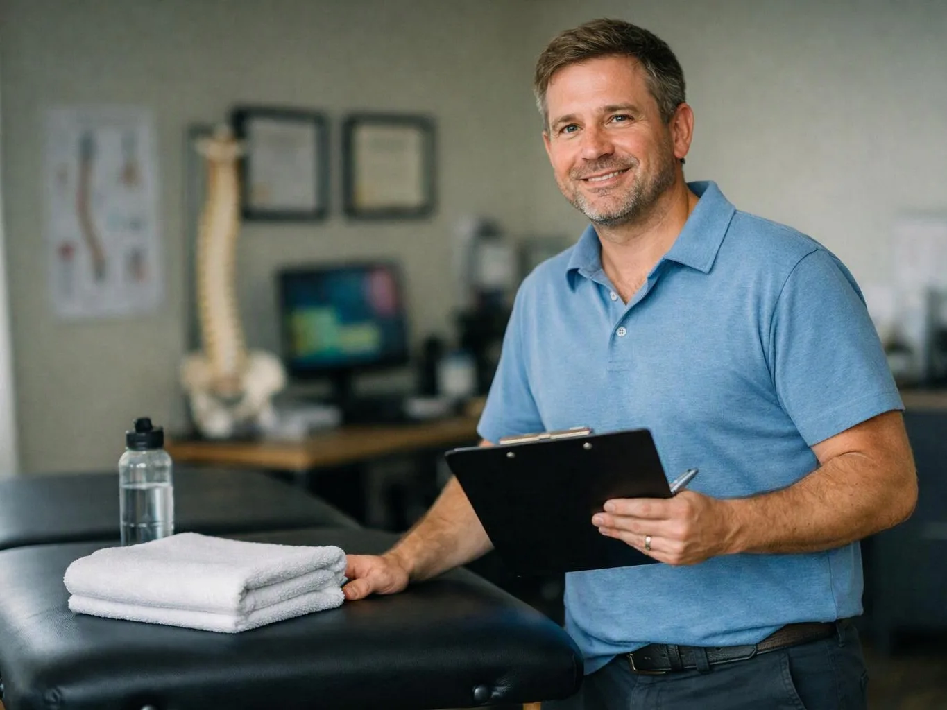 A smiling man in a blue polo holds a clipboard beside a treatment table with folded towels and a water bottle
