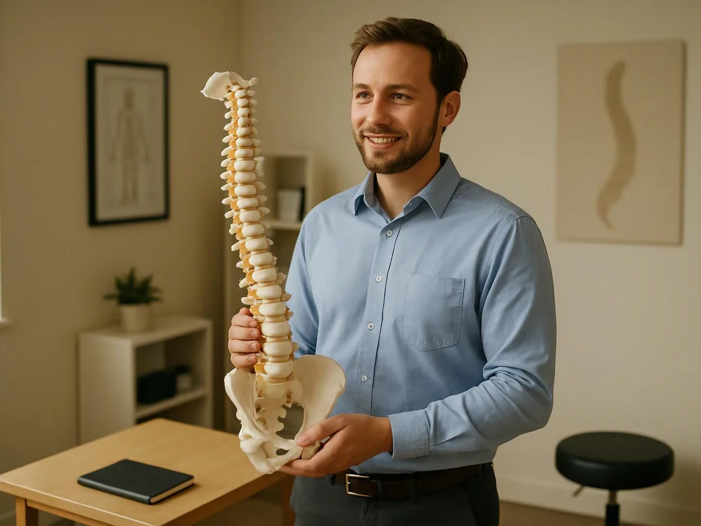 A smiling man in a blue shirt holds a plastic spine model in a tidy clinic room