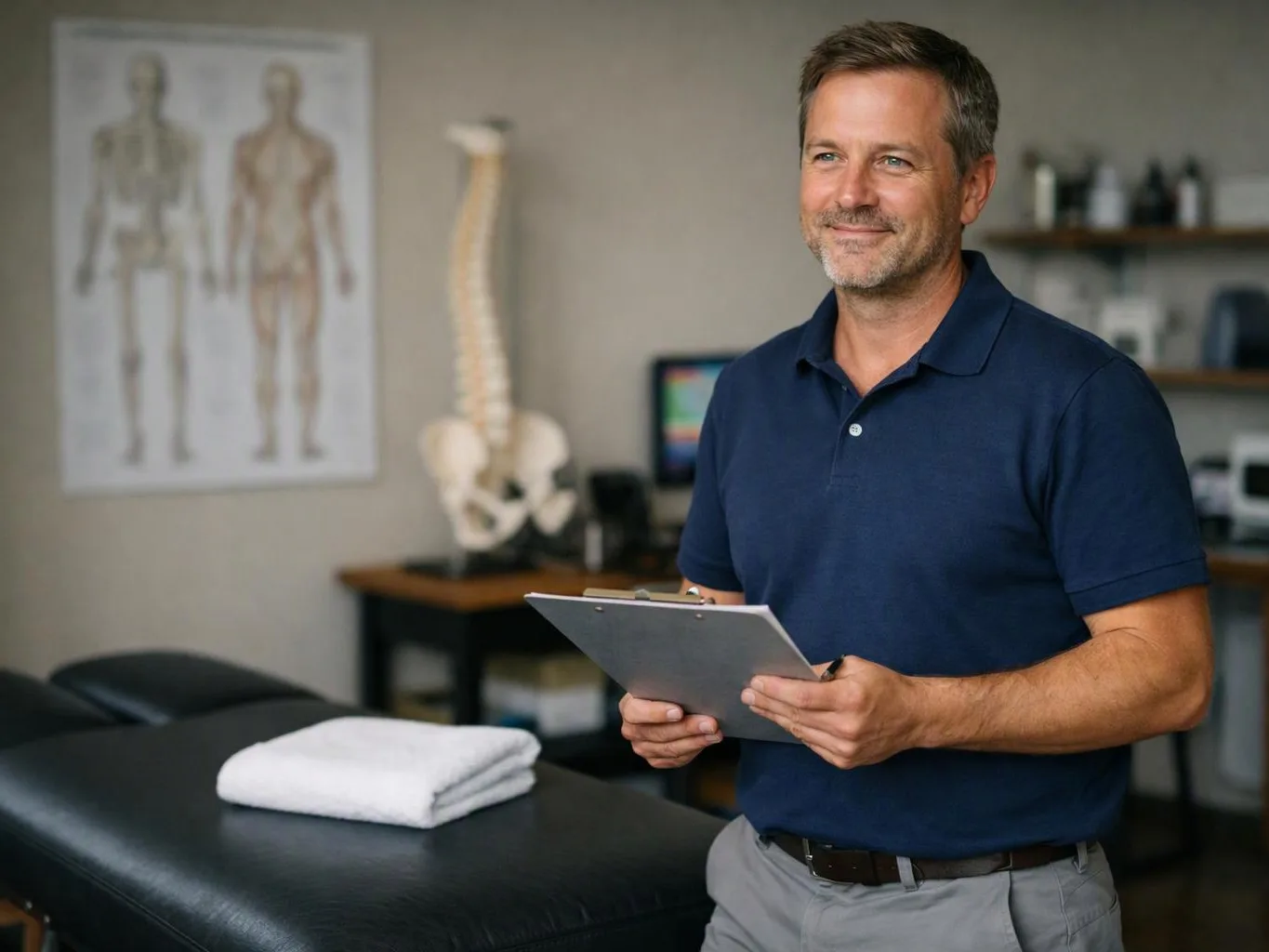 A smiling man holds a clipboard beside a massage table in a clinic-like room with anatomy posters and shelves