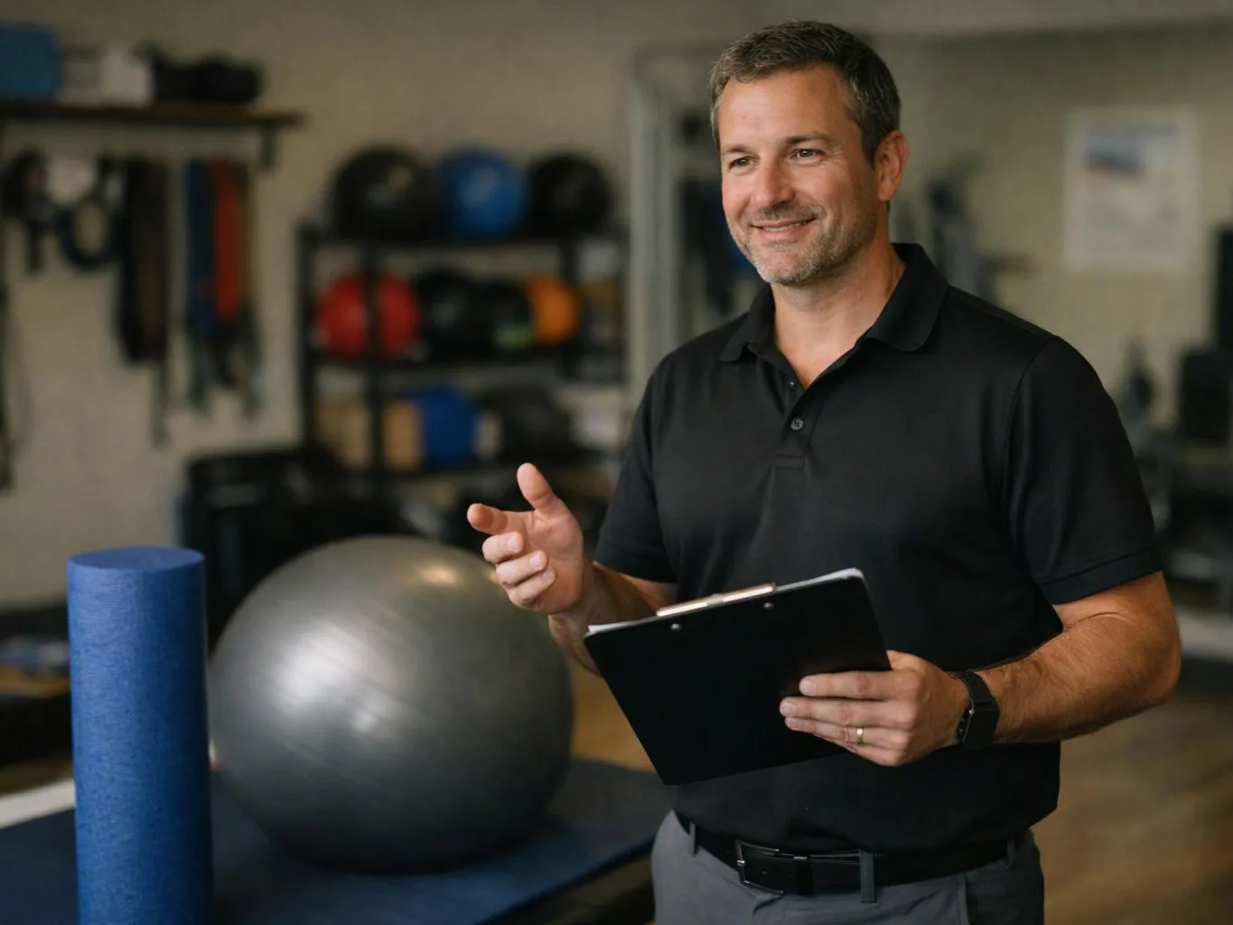 A smiling man holds a clipboard in a gym beside exercise balls and foam rollers