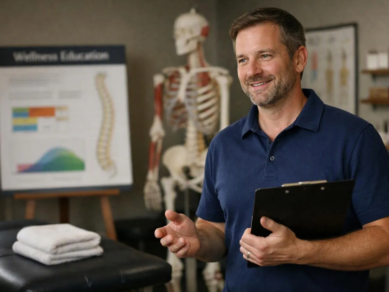 A smiling man holds a clipboard in a wellness classroom with a skeleton model, chart, and folded towels