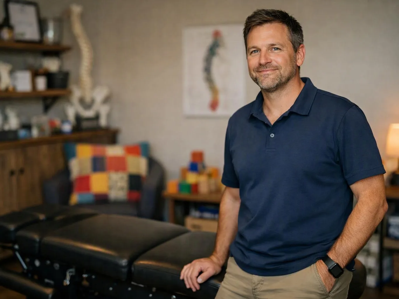 A smiling man in a navy polo stands beside a black treatment table in a cozy room