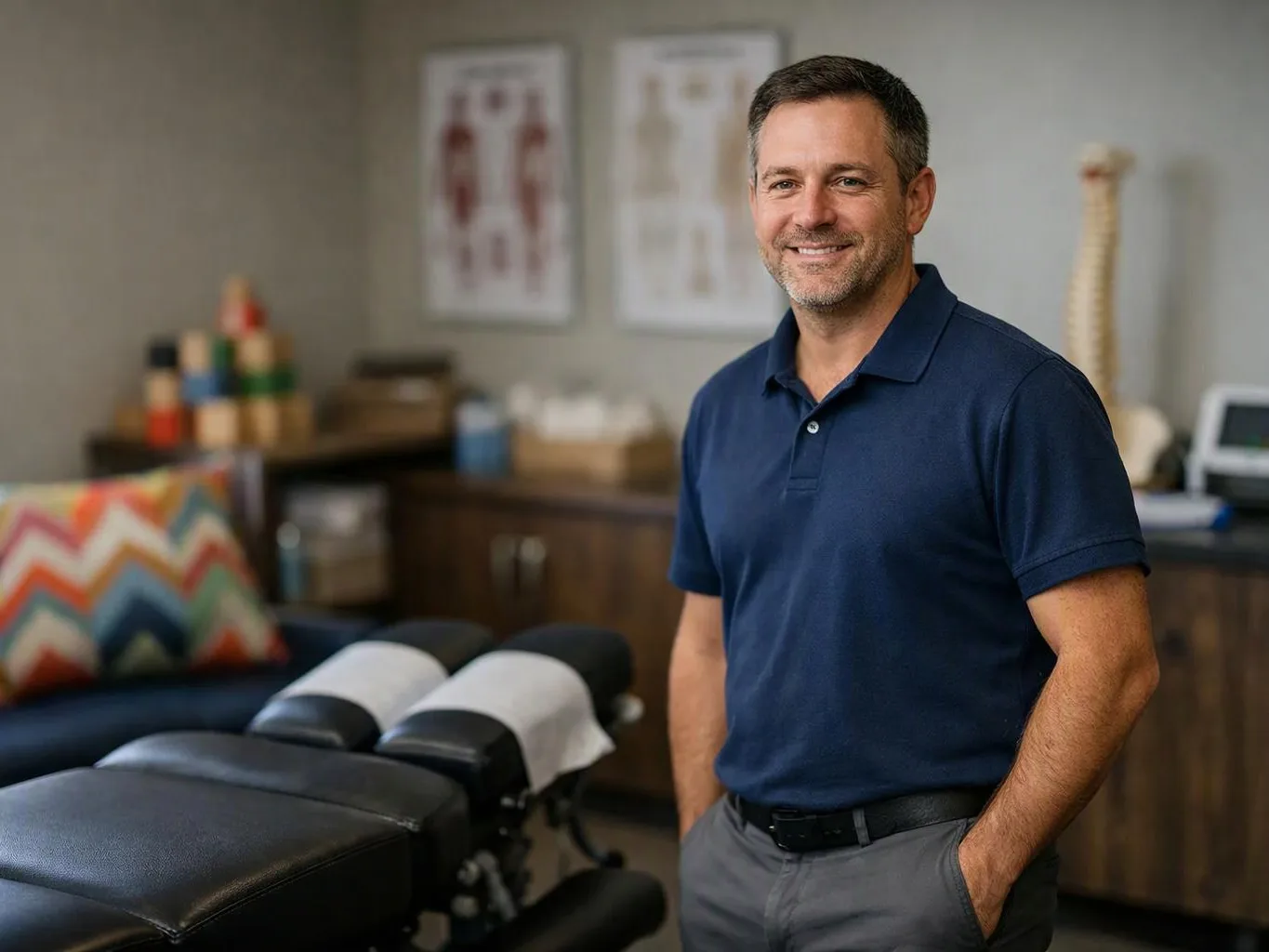 A smiling man in a navy polo stands beside a chiropractic table in a treatment room